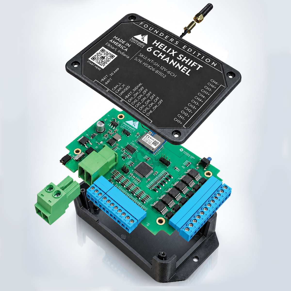 A 6-channel digital I/O module by Founders Edition, shown with its black protective lid removed and resting above the green circuit board. The module features a green PCB with blue terminal blocks, a green terminal connector, and a black mounting base, photographed on a clean white background.