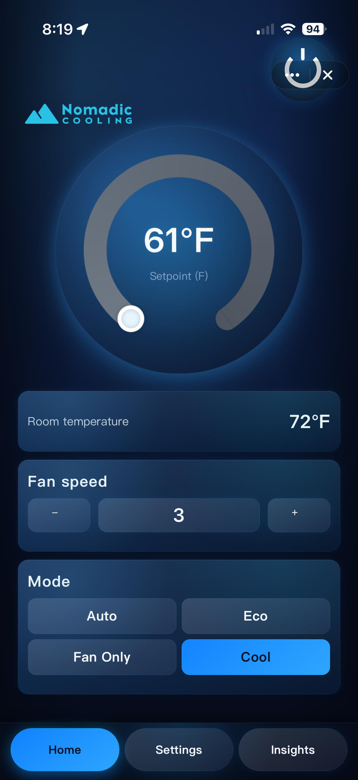 Nomadic Controls app home screen for X2 Helix Gen II rooftop air conditioner showing setpoint, room temperature, fan speed, and cooling mode.