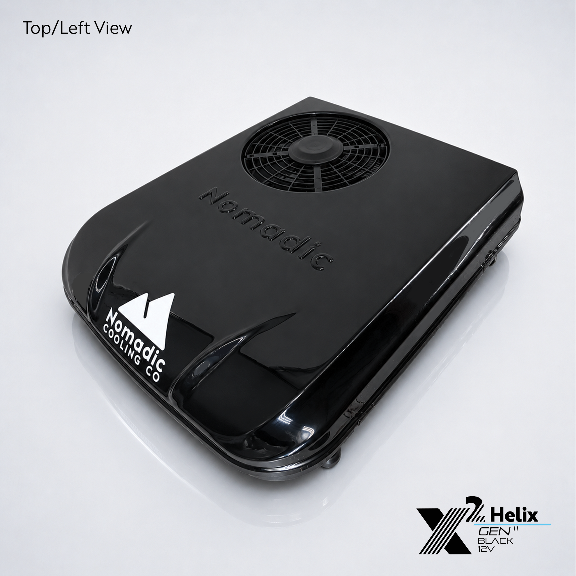 X2 Helix Gen II black 12V DC rooftop air conditioner shown from the top-left view with condenser fan, gloss shroud, and Nomadic Cooling branding.