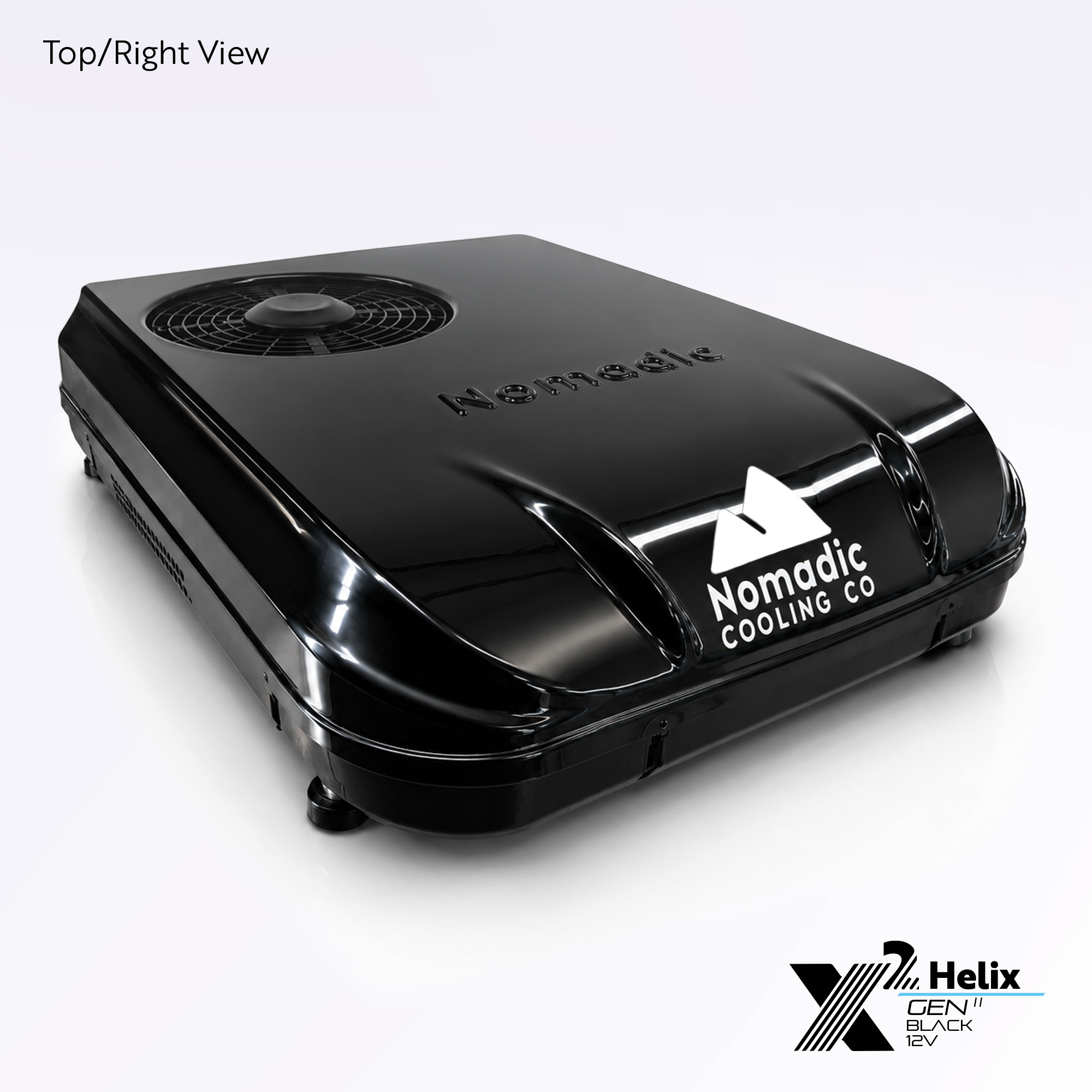 X2 Helix Gen II black 12V DC rooftop air conditioner shown from the top-right view with condenser fan, gloss shroud, black base, and Nomadic Cooling branding.