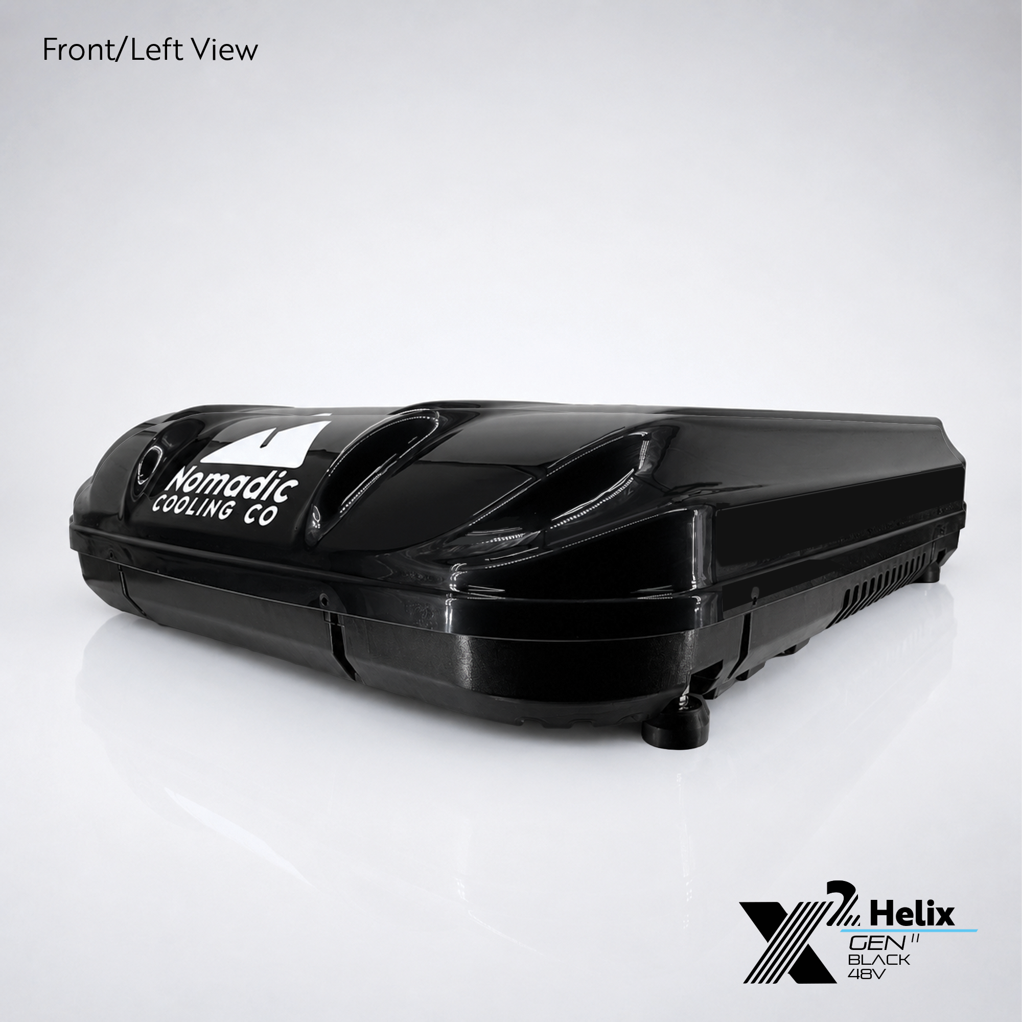 X2 Helix Gen II black 48V DC rooftop air conditioner shown from the front-left view with gloss shroud, black base, side venting, and leveling feet.