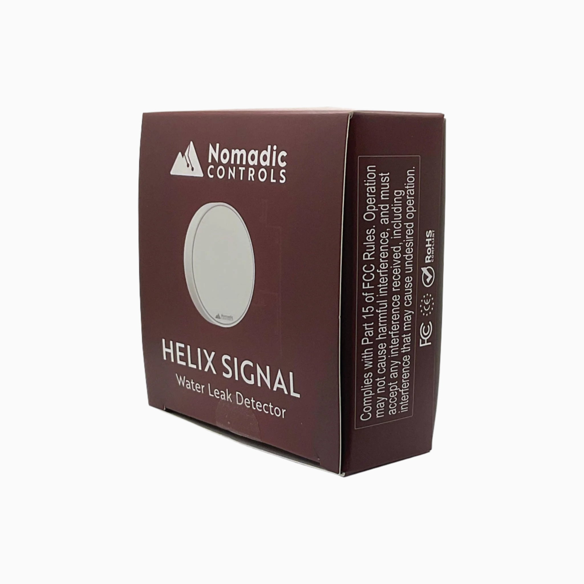 Nomadic Controls Helix Signal water leak detector packaging on a white background