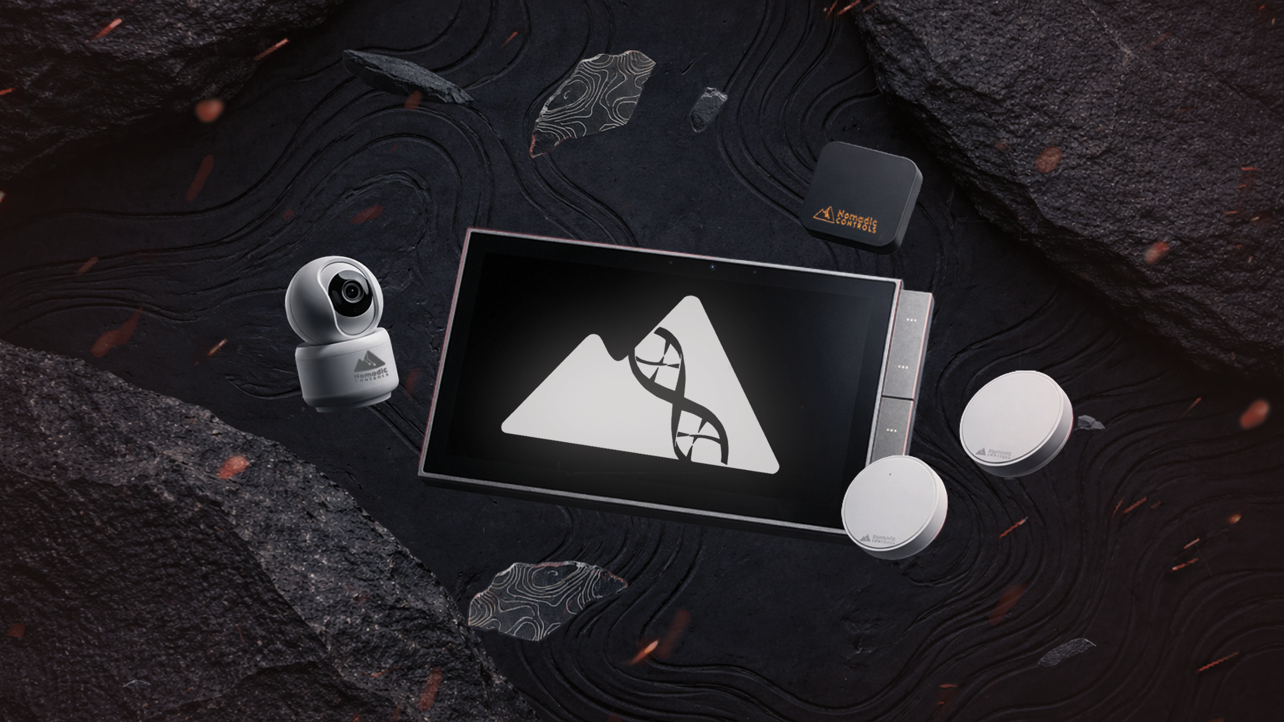 Smart home security system with camera, tablet, and sensors on a dark surface with a DNA symbol.