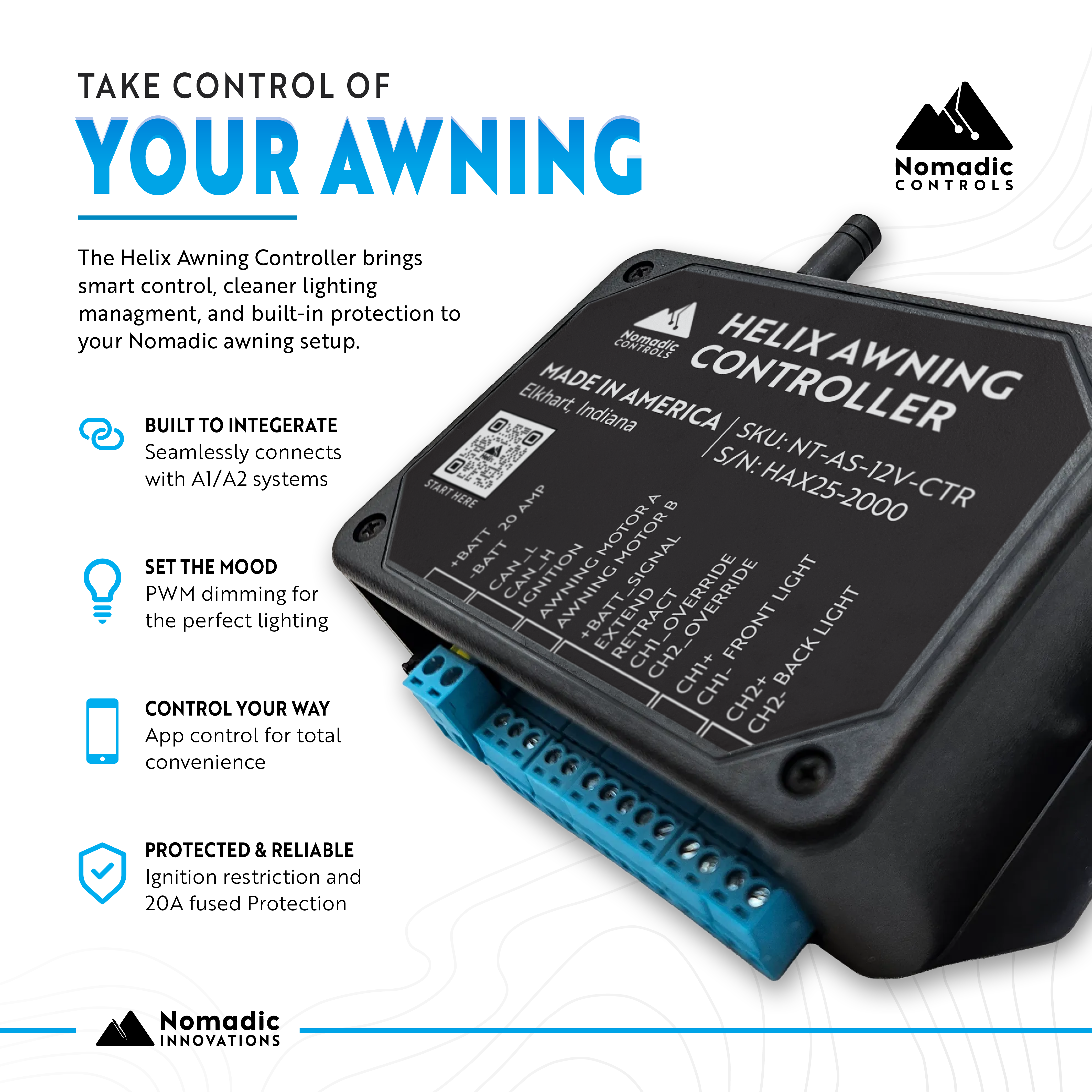 Helix Awning Controller by Nomadic Controls with features listed on a white background
