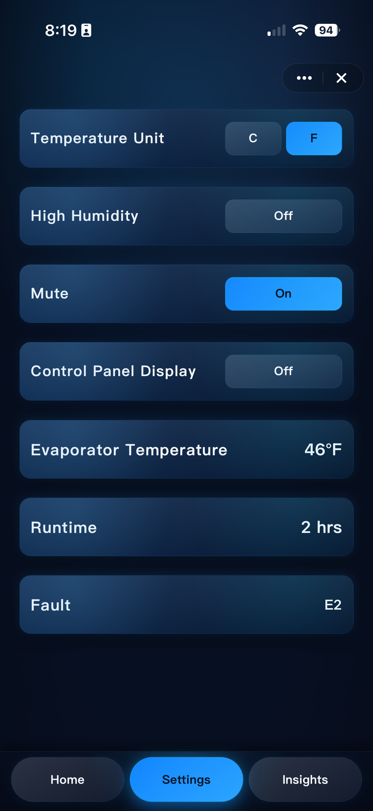 Nomadic Controls app settings screen for X2 Helix Gen II rooftop air conditioner showing temperature units, High Humidity Mode, mute, display, runtime, and fault status.