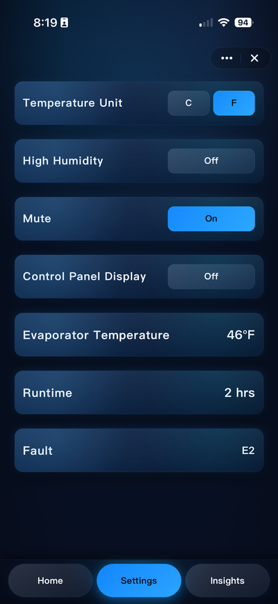 Nomadic Controls app settings screen for X2 Helix Gen II rooftop air conditioner showing temperature units, High Humidity Mode, mute, display, runtime, and fault status.