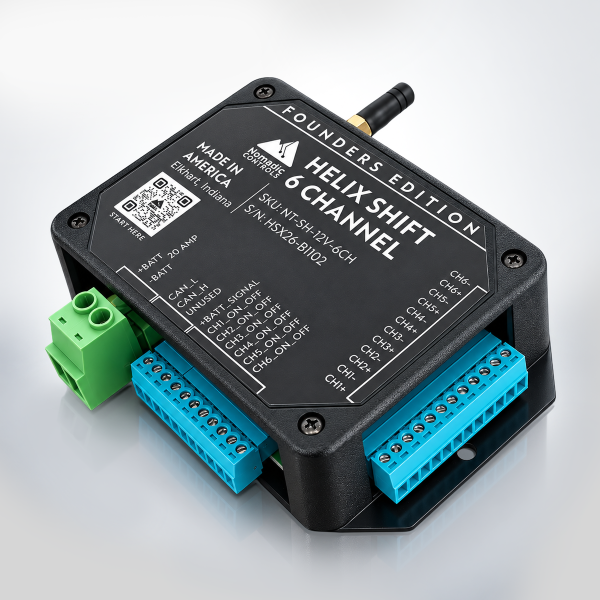 A black electronic module labeled 'FOUNDER'S EDITION HELIX SHIFT 6 CHANNEL' with blue terminal blocks and a green connector, photographed on a clean white studio background.