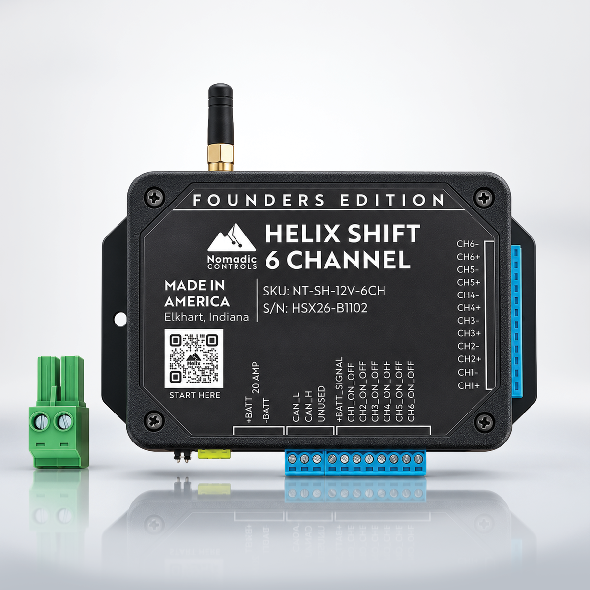 A black electronic module labeled 'Helix Shift 6 Channel' with a small antenna, blue terminal strip, and green connector on a clean white background.