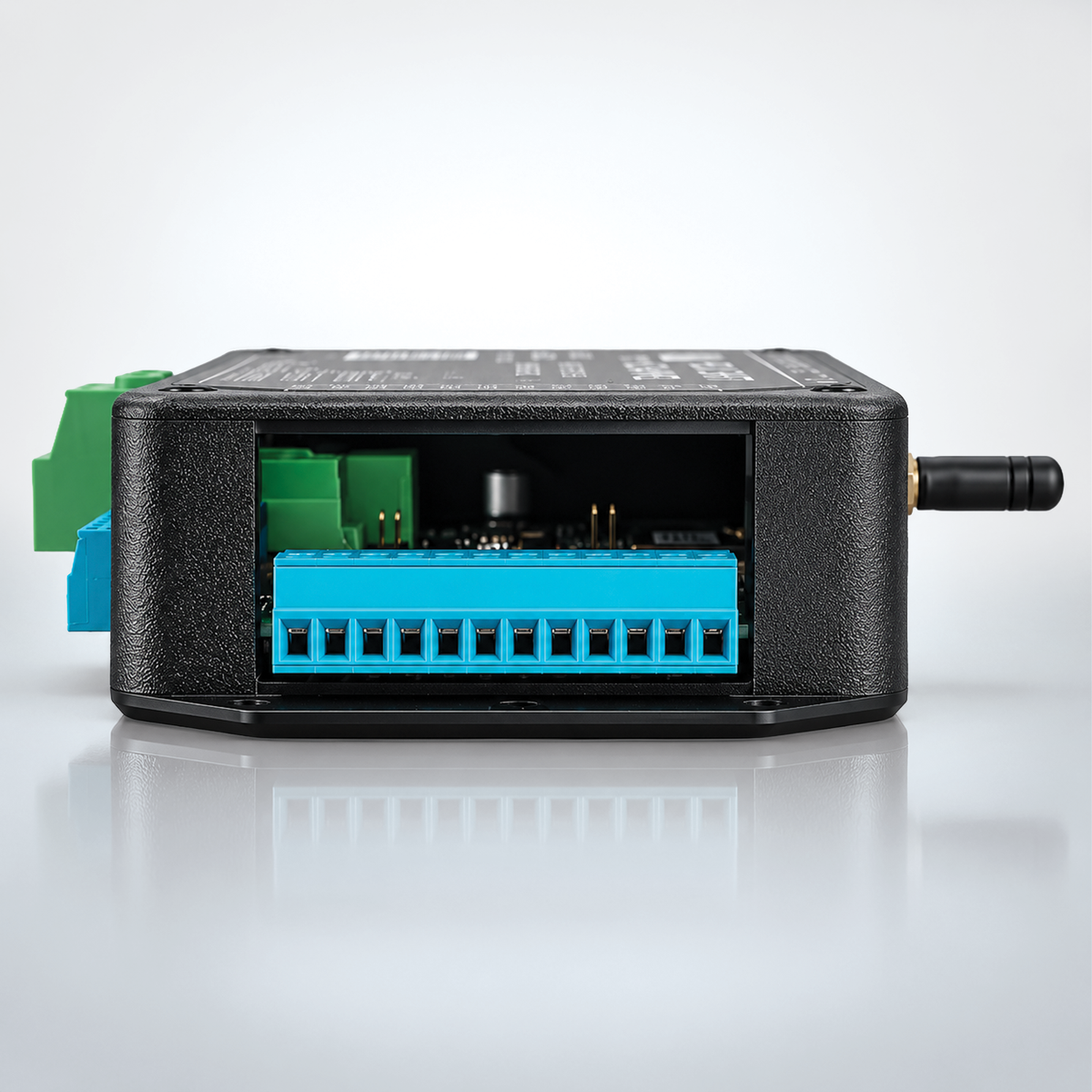 A black textured electronic module with a blue terminal block connector on the front, shown on a clean white reflective background.