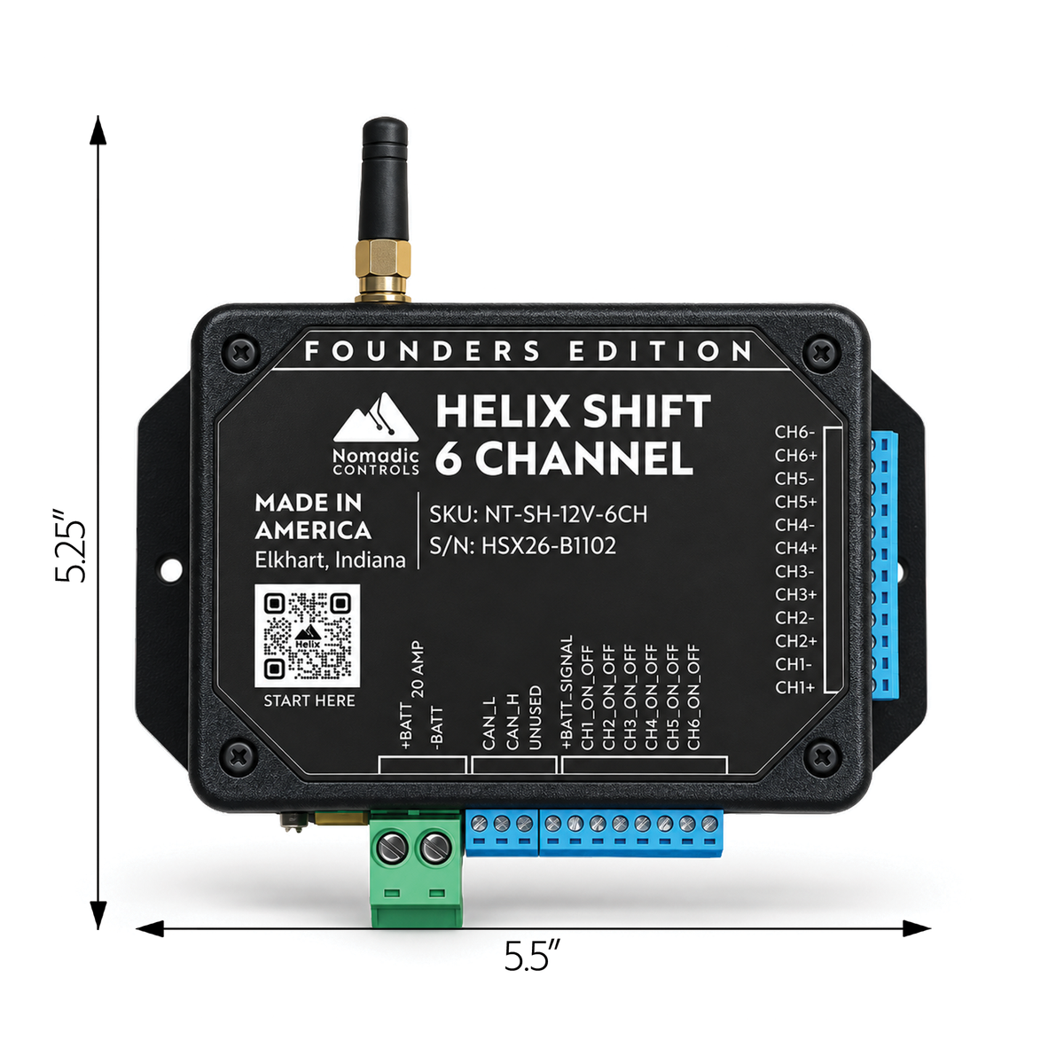 Nomadics Helix Shift 6 Channel RF Module in a black metal enclosure with blue terminal blocks, green ground terminal, and a black antenna, shown with dimension lines indicating 5.5 inches wide and 5.