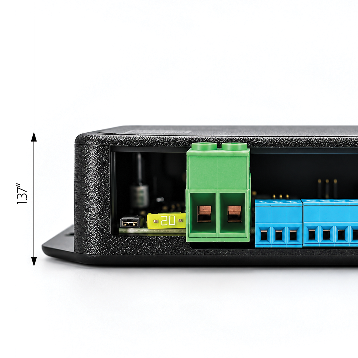 Close-up of the rear side of a black electronic device showing terminal blocks, with a green block and a blue block, plus a dimension marker indicating 137 inches.