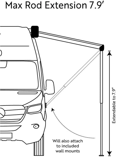 Rod extension to 7.9 feet, staked to the ground with provided nails or attached to the side of vehicle with the wall mounts (also provided).