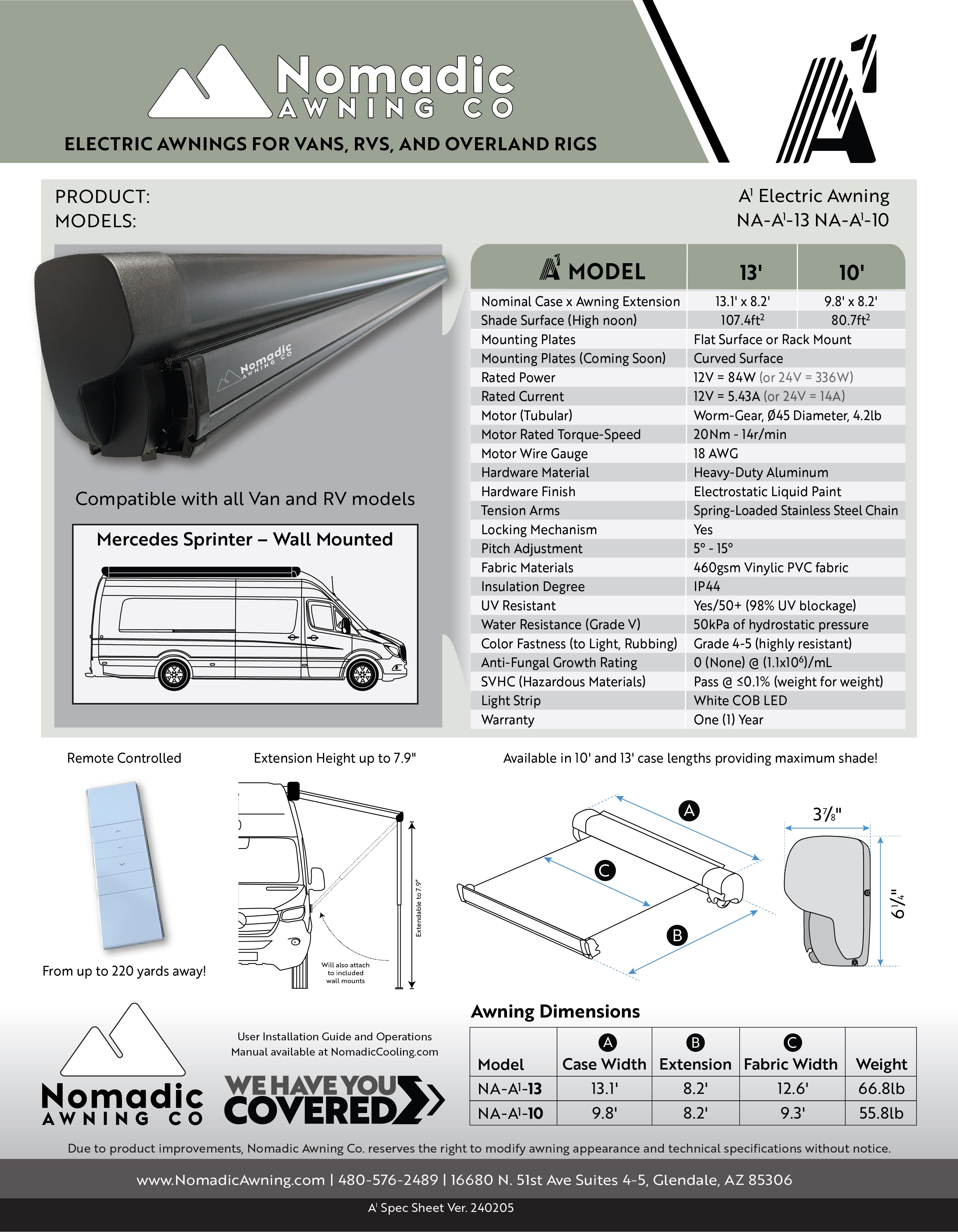 The A1 Electric Awning Spec Sheet - Everything you want to know on one page!