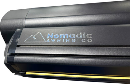 A1 Electric Awning nameplate on the front fascia. Stylish shiny chrome. The yellow strip is the COB LED light strip.