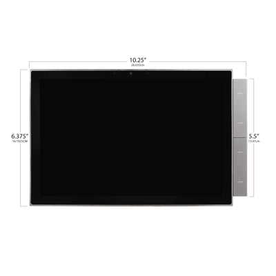 Dimensions of a tablet screen with measurements in inches and millimeters.