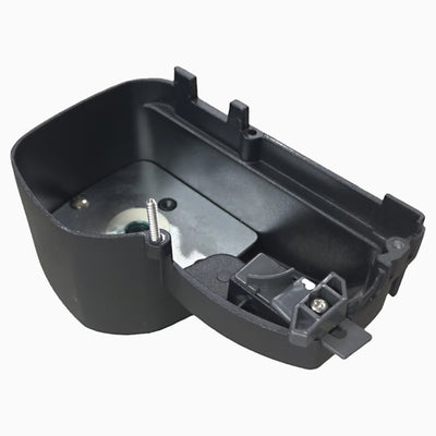 A black end cap replacement kit for an awning, including mounting hardware and fasteners, viewed from a side angle