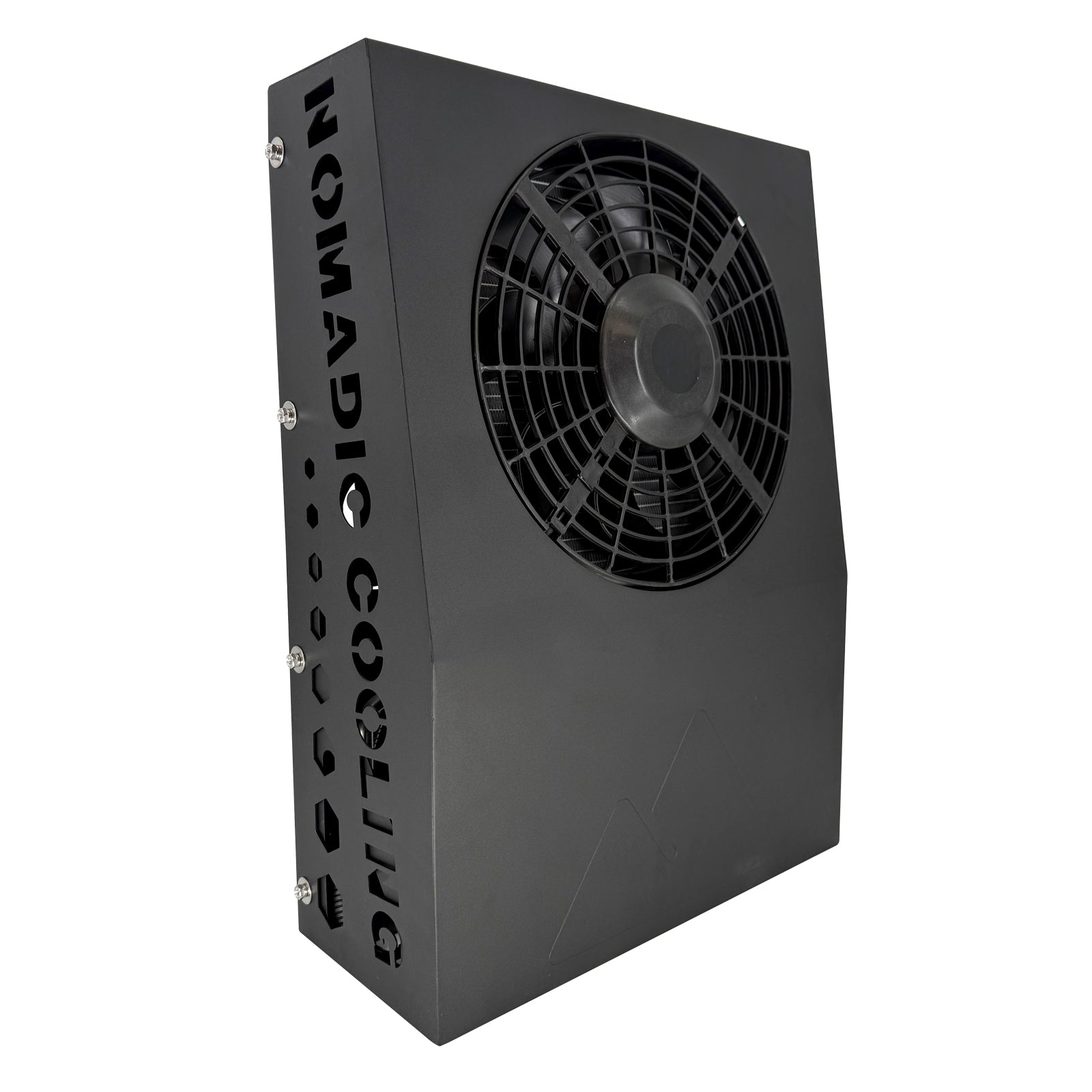 Black cooling unit with fan on a white background