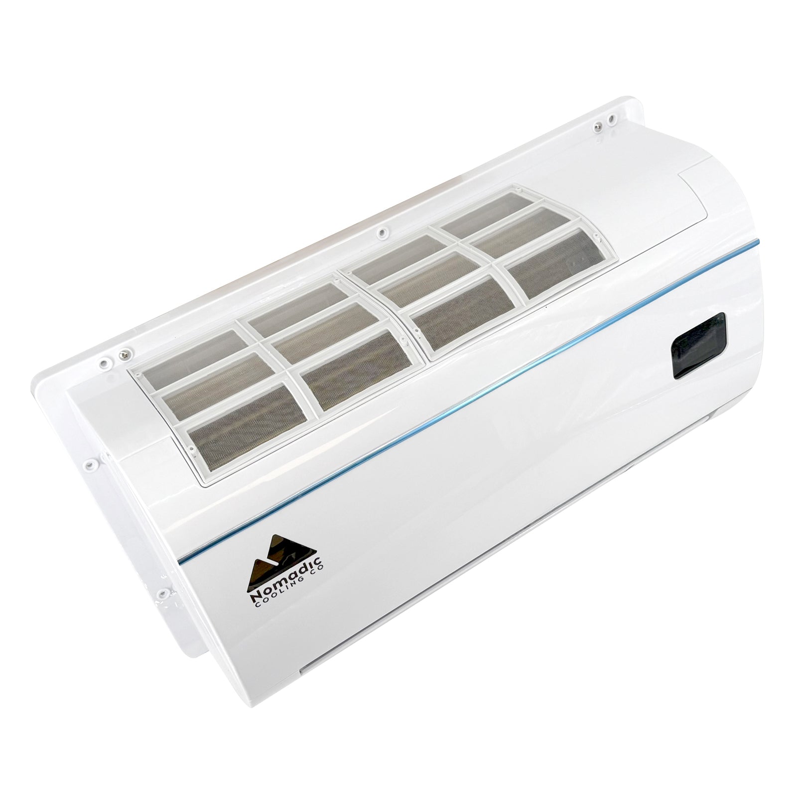 White electronic device with glass panels and a brand logo on a white background