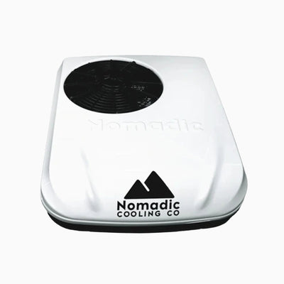 Compact black rooftop air conditioner designed for use in camper vans and smaller RVs.