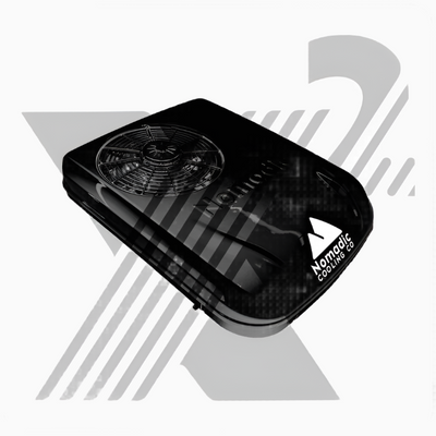 Compact black rooftop air conditioner designed for use in camper vans and smaller RVs.
