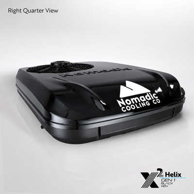 X2 Helix Gen I black 48V DC rooftop air conditioner shown from the right quarter view with condenser fan, gloss shroud, black base, and Nomadic Cooling branding.