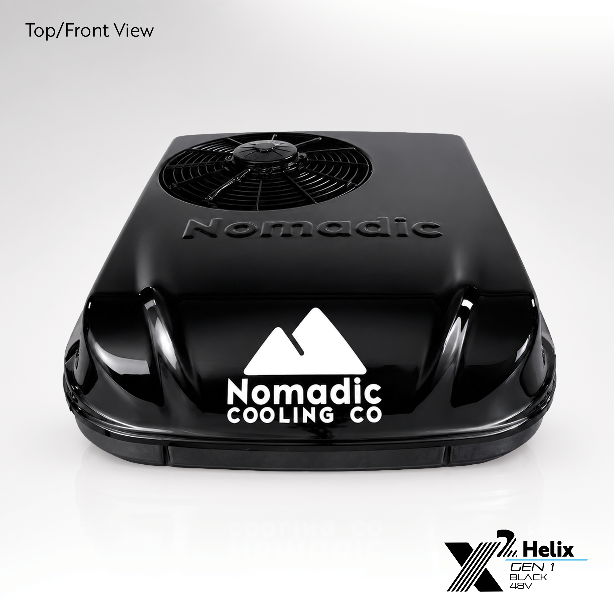 X2 Helix Gen I black 48V DC rooftop air conditioner shown from the top-front view with condenser fan, gloss shroud, black base, and Nomadic Cooling branding.