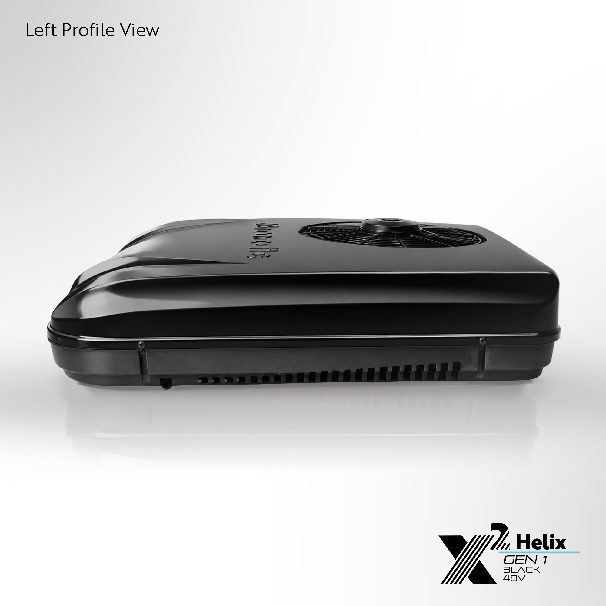 X2 Helix Gen I black 48V DC rooftop air conditioner shown from the left profile view with gloss shroud, black base, condenser fan, and side venting.