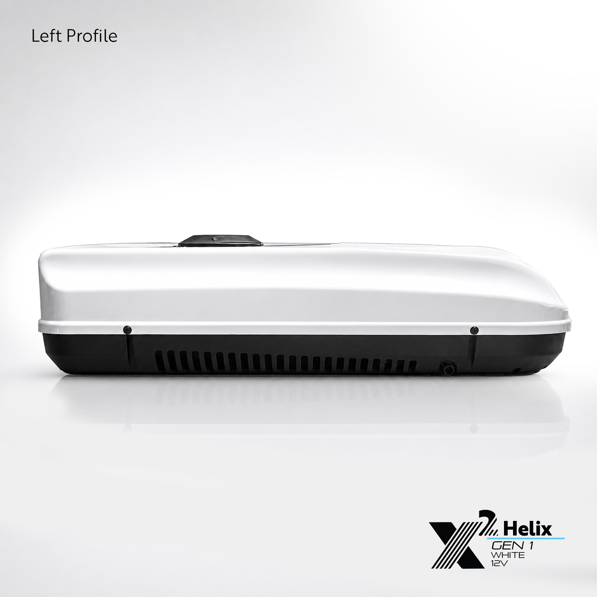 X2 Helix Gen I white 12V DC rooftop air conditioner shown from the left profile view with white shroud, black base, side venting, and low-profile rooftop design.