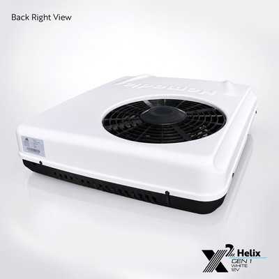 X2 Helix Gen I white 12V DC rooftop air conditioner shown from the back-right view with condenser fan, rear venting, white shroud, and black base.