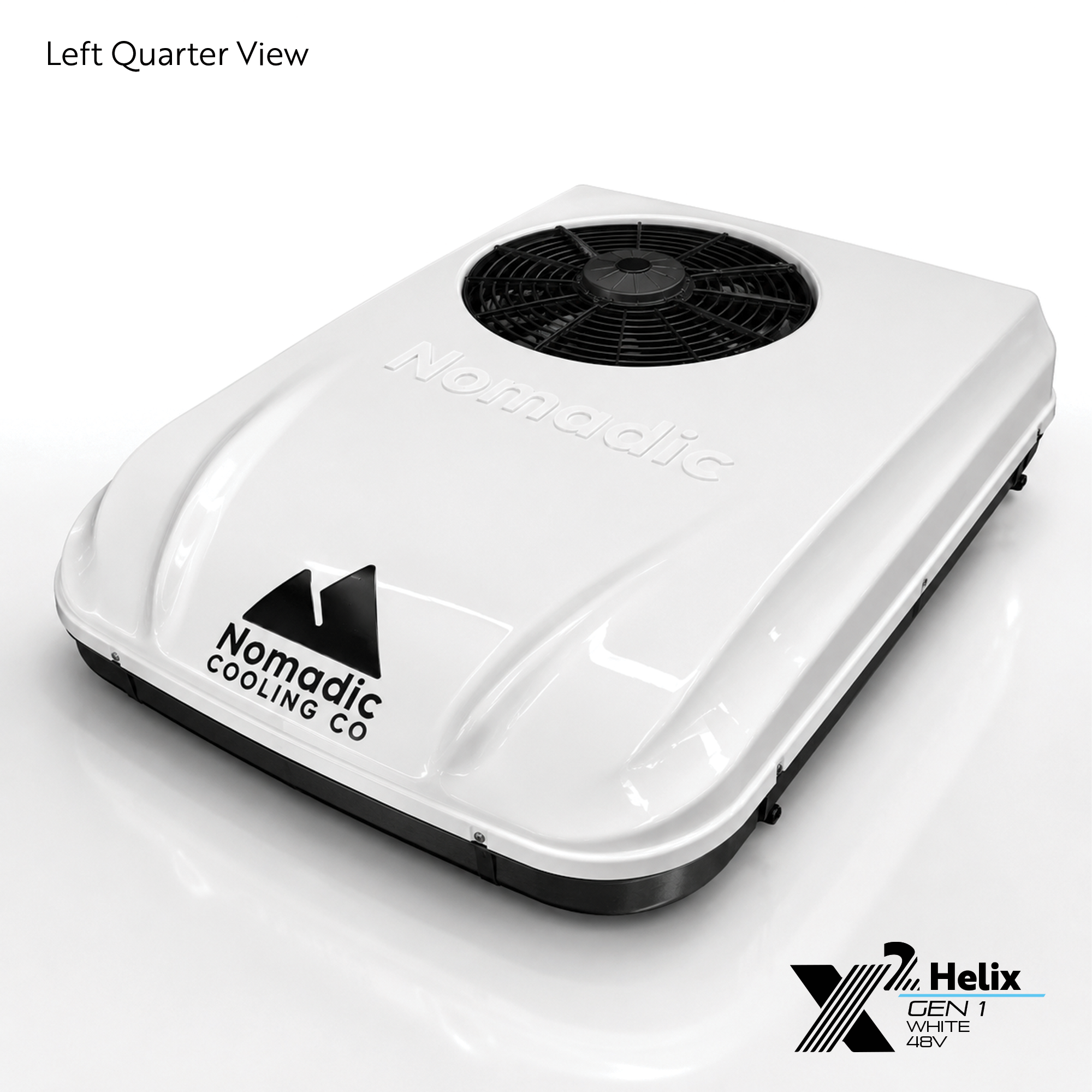 X2 Helix Gen I white 48V DC rooftop air conditioner shown from the left quarter view with condenser fan, white shroud, black base, and Nomadic Cooling branding.
