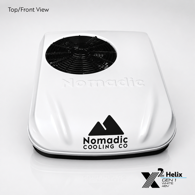 X2 Helix Gen I white 48V DC rooftop air conditioner shown from the top-front view with condenser fan, white shroud, black base, and Nomadic Cooling branding.