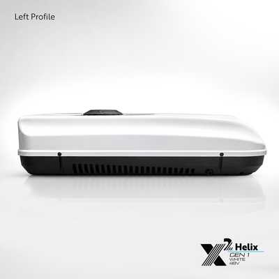 X2 Helix Gen I white 48V DC rooftop air conditioner shown from the left profile view with white shroud, black base, side venting, and low-profile rooftop design.