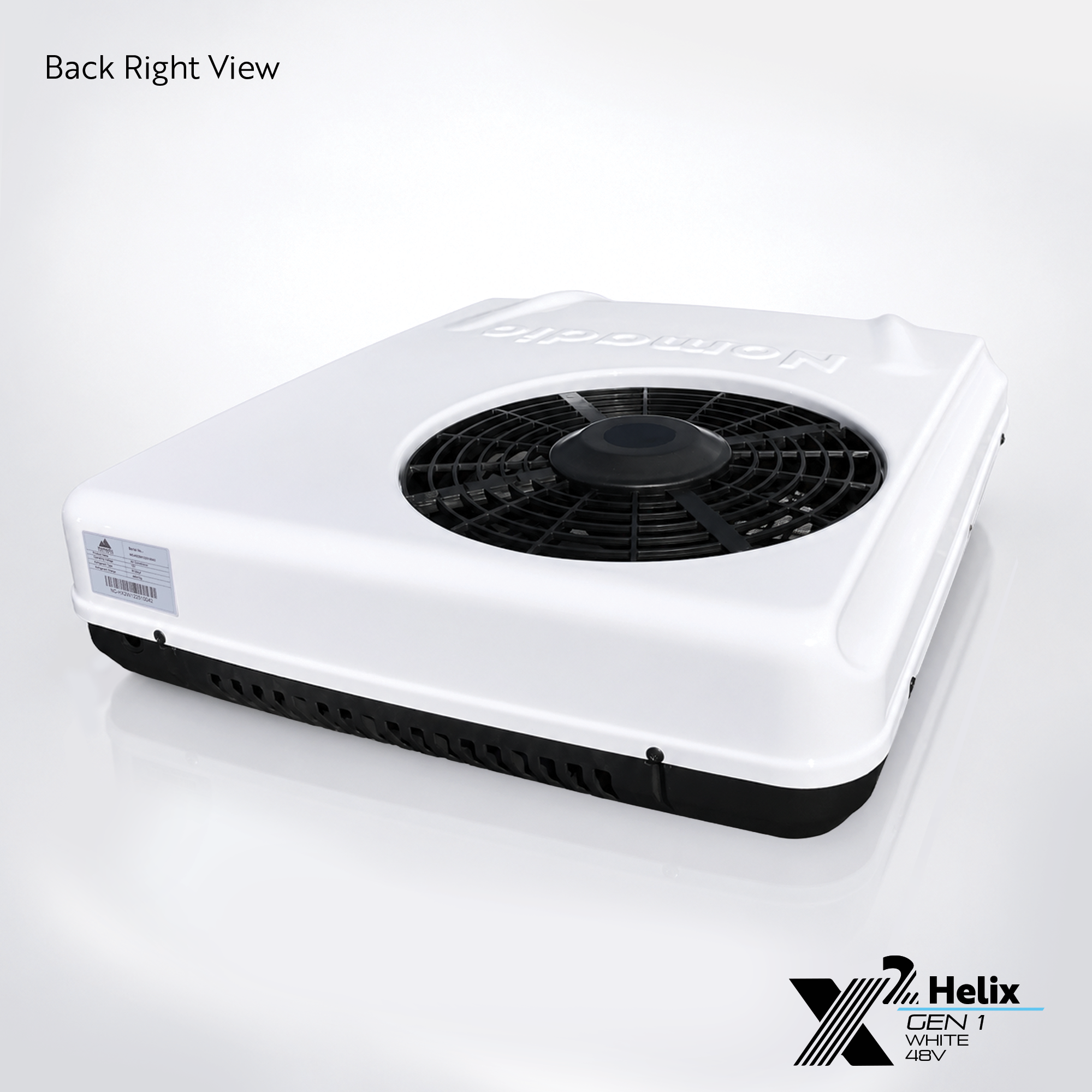X2 Helix Gen I white 48V DC rooftop air conditioner shown from the back-right view with condenser fan, white shroud, black base, and rear venting.