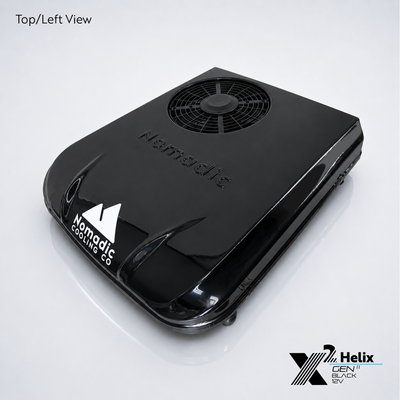X2 Helix Gen II black 12V DC rooftop air conditioner shown from the top-left view with condenser fan, gloss shroud, and Nomadic Cooling branding.