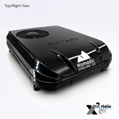 X2 Helix Gen II black 12V DC rooftop air conditioner shown from the top-right view with condenser fan, gloss shroud, black base, and Nomadic Cooling branding.