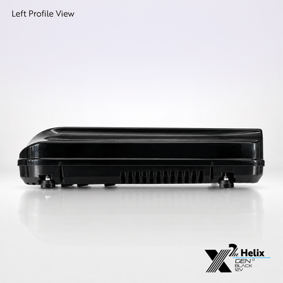 X2 Helix Gen II black 12V DC rooftop air conditioner shown from the left profile view with gloss shroud, side venting, and adjustable leveling feet.