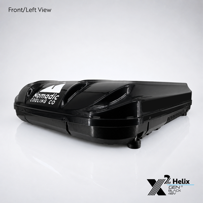 X2 Helix Gen II black 48V DC rooftop air conditioner shown from the front-left view with gloss shroud, black base, side venting, and leveling feet.