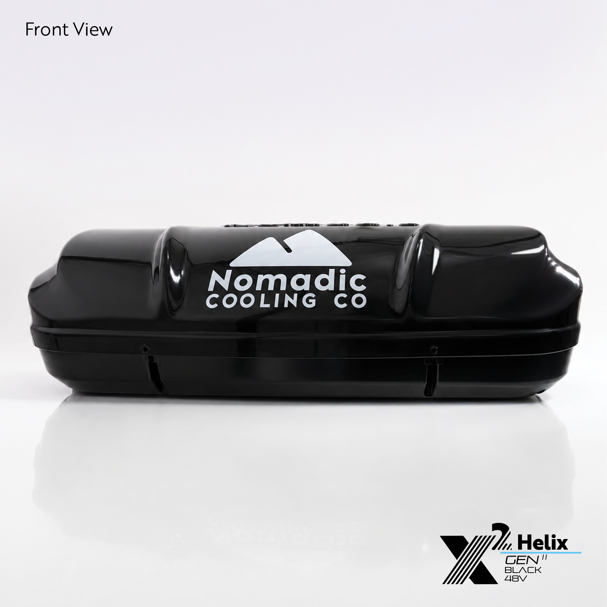 X2 Helix Gen II black 48V DC rooftop air conditioner shown from the front view with gloss shroud and Nomadic Cooling branding.