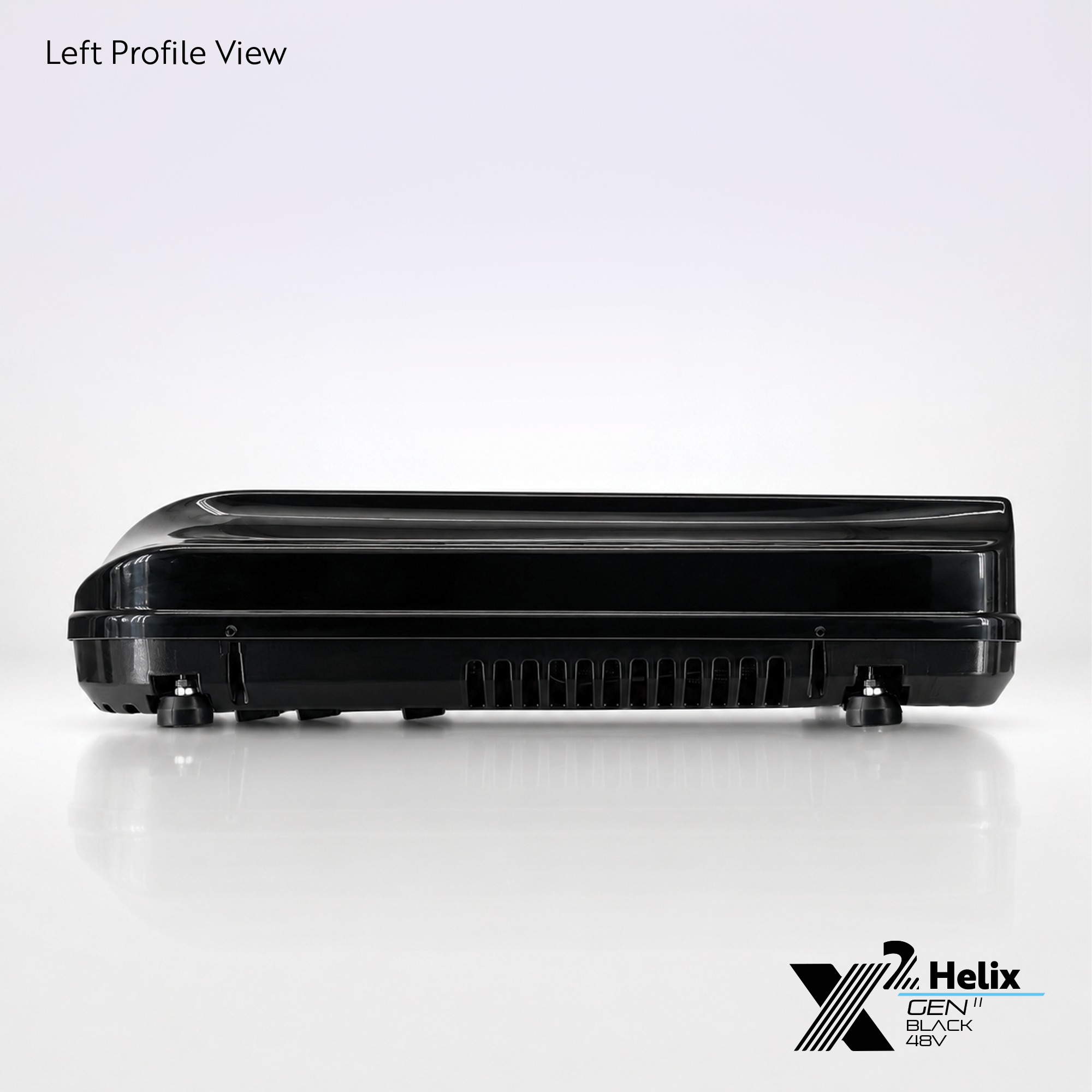 X2 Helix Gen II black 48V DC rooftop air conditioner shown from the left profile view with gloss shroud, side venting, and adjustable leveling feet.