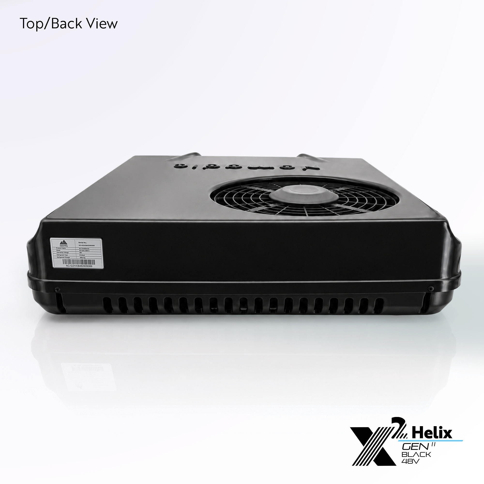 X2 Helix Gen II black 48V DC rooftop air conditioner shown from the top-back view with condenser fan, rear venting, and gloss shroud.