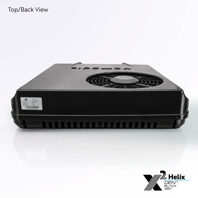 X2 Helix Gen II black 48V DC rooftop air conditioner shown from the top-back view with condenser fan, rear venting, and gloss shroud.