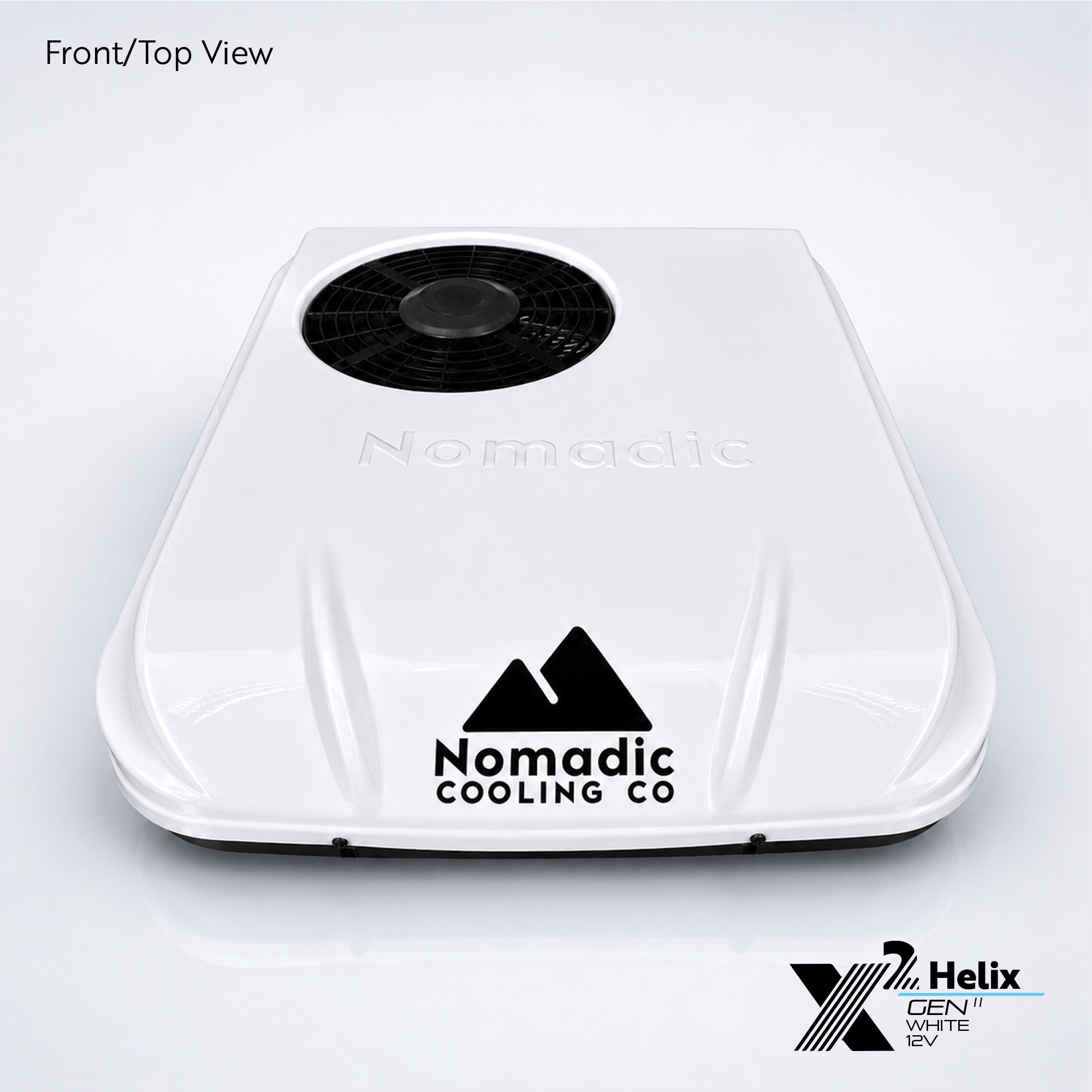 X2 Helix Gen II white 12V DC rooftop air conditioner shown from the front-top view with low-profile shroud and condenser fan.