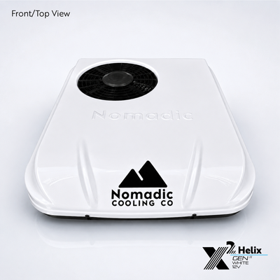 X2 Helix Gen II white 12V DC rooftop air conditioner shown from the front-top view with low-profile shroud and condenser fan.