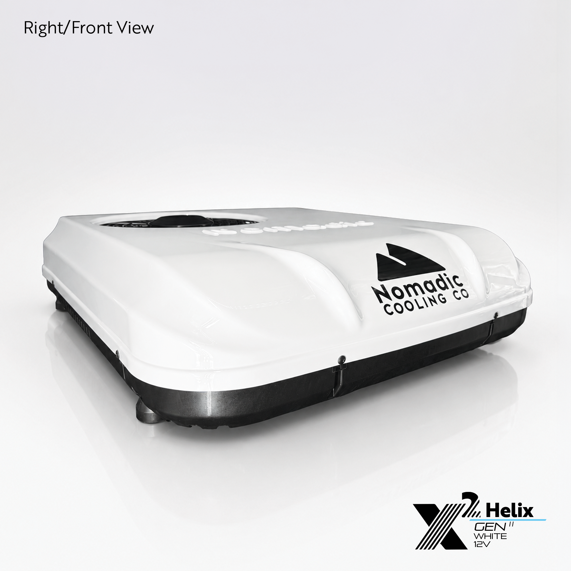 Nomadic Cooling X2 Helix Gen II white 12V DC rooftop air conditioner shown from the front-right view with low-profile shroud and black base.