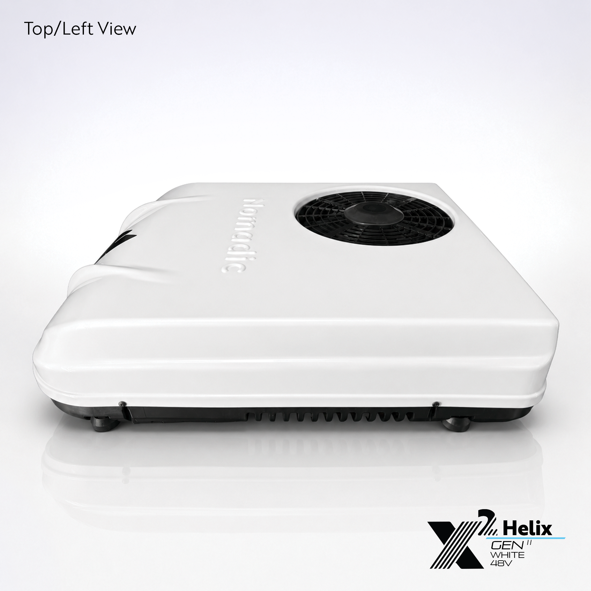 X2 Helix Gen II white 48V DC rooftop air conditioner shown from the top-left view with condenser fan, low-profile shroud, black base, and side venting.