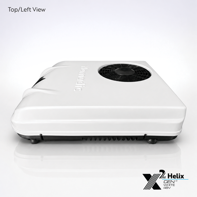 X2 Helix Gen II white 48V DC rooftop air conditioner shown from the top-left view with condenser fan, low-profile shroud, black base, and side venting.