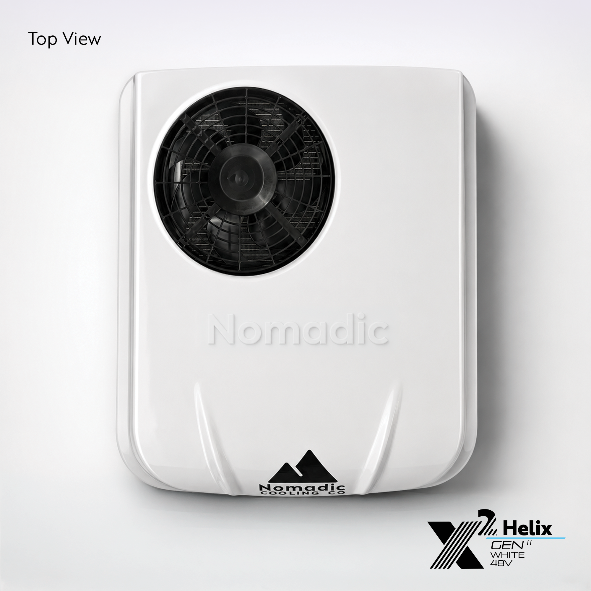 X2 Helix Gen II white 48V DC rooftop air conditioner shown from the top view with condenser fan, low-profile shroud, and Nomadic Cooling branding.