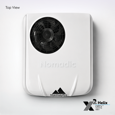 X2 Helix Gen II white 48V DC rooftop air conditioner shown from the top view with condenser fan, low-profile shroud, and Nomadic Cooling branding.