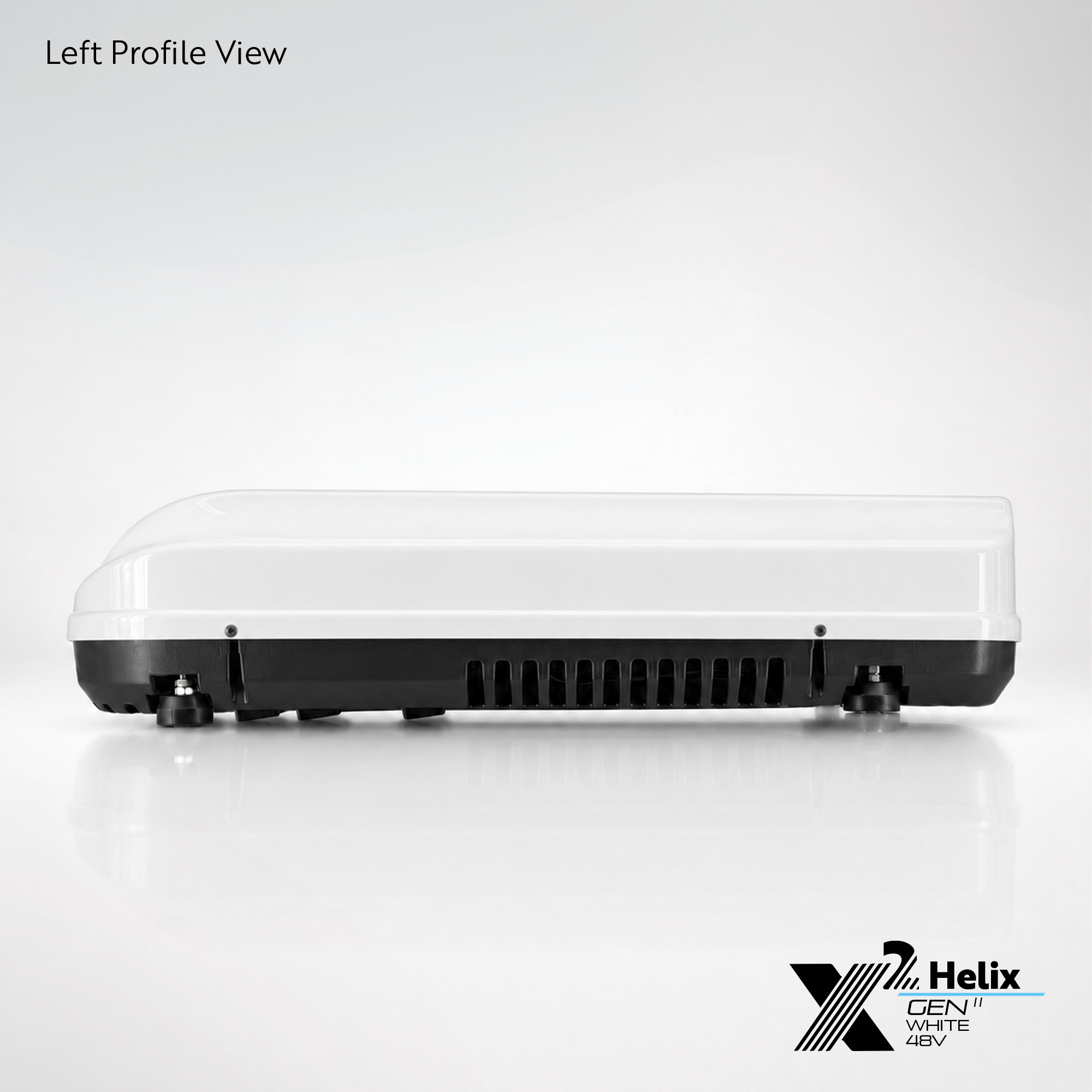 X2 Helix Gen II white 48V DC rooftop air conditioner shown from the left profile view with black base, side venting, and adjustable leveling feet.