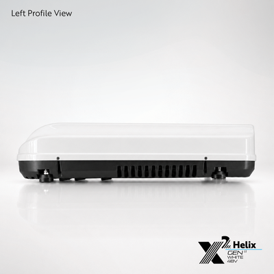 X2 Helix Gen II white 48V DC rooftop air conditioner shown from the left profile view with black base, side venting, and adjustable leveling feet.